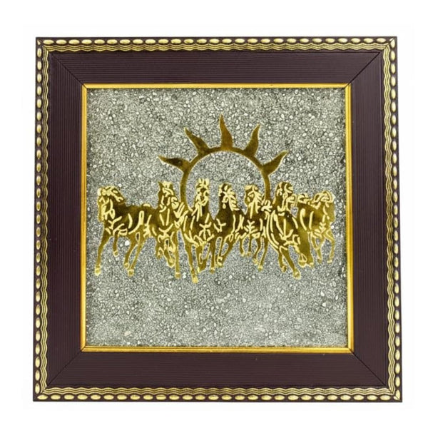 Seven Running Horses Pyrite Frame with Sun to Attract Money, Protection and Chakra Healing